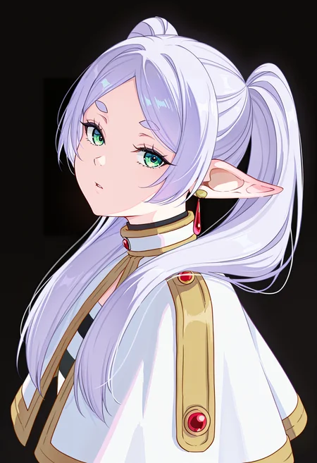 masterpiece, high quality, absurdres, gwape, 1girl, frieren, capelet, dark background, earrings, elf, gem, gold trim, long hair, looking at viewer, parted bangs, parted lips, pointy ears, red gemstone, twintails, upper body, white capelet, <lora:Girl_with_a_pearl_earing:1>