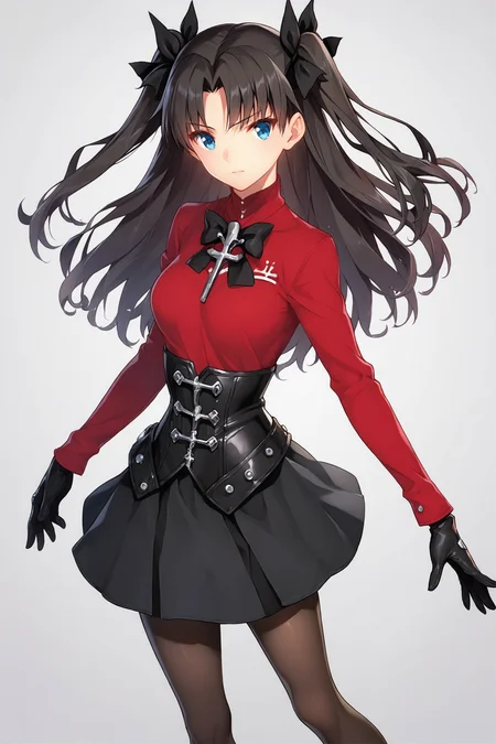 1girl,solo,tohsaka rin,red shirt,cross,long hair,skirt,shirt,white background,gloves,black skirt,necklace,jewelry,simple background,looking at viewer,bow,black hair,bangs,long sleeves,two side up,corset,black gloves,blue eyes,hair bow,ribbon,pantyhose,cross necklace,black pantyhose,latin cross,closed mouth,parted bangs,bowtie,black bow,hair ribbon,red bow,standing,score_9,score_8_up,<lora:saitom_XL_PONY:0.8>,