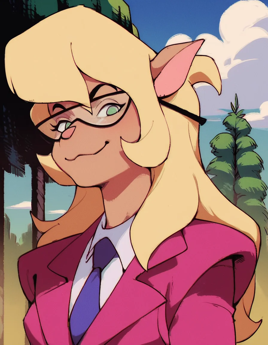 score_9, score_8_up, score_7_up, score_6_up, score_5_up, score_4_up, (Source furry), (rating safe), <lora:CallieBriggsXL:1>, 1girl solo, outside, trees, clouds, looking at viewer, glasses, callie briggs, pink suit, detailed, detailed fur,