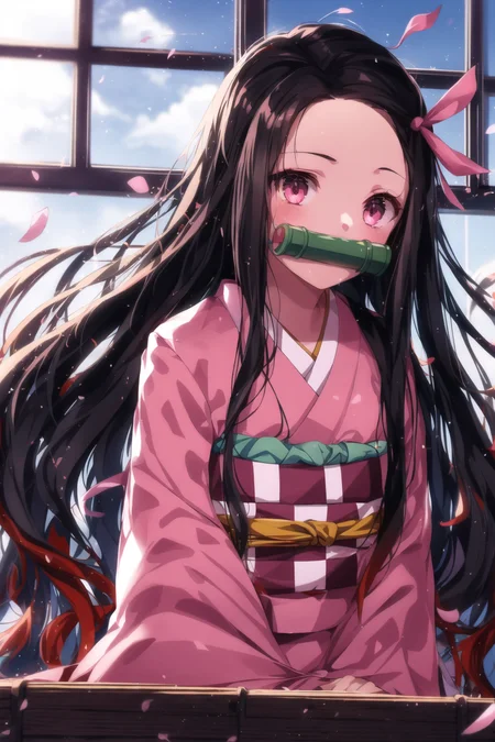 <lora:Nezuv1:0.6>, 1girl, bamboo, bit gag, black hair, blue sky, blurry, blurry background, blurry foreground, checkered, checkered obi, cloud, day, depth of field, gag, gagged, hair ribbon, indoors, japanese clothes, kamado nezuko, kimono, long hair, looking at viewer, motion blur, mouth hold, multicolored hair, night, obi, petals, pink kimono, pink ribbon, ribbon, sash, sky, solo, very long hair, window