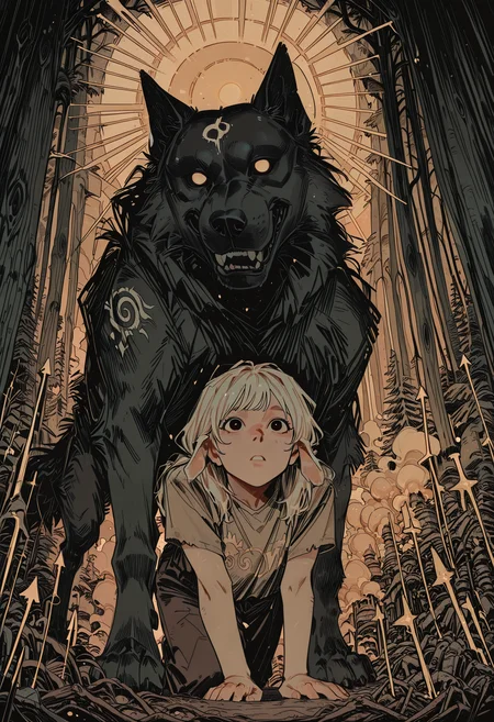 embedding:IllusP0s, codex sss chroma,
masterpiece, best quality, absurdres, high-res, intricate details, dynamic comic style, clean line art, black and white, graphic novel style, hatching, cross-hatching,
1girl (Lamb), 1boy (Wolf), Kindred from League of Legends, Lamb is a beautiful spirit with lamb ears and a serene expression, drawing her spirit bow, glowing arrow nocked, Wolf is a spectral dark wolf mask, swirling around her like smoke, ethereal and menacing, sharp teeth,
in a mystical ancient forest, god rays filtering through the canopy, floating magical particles, dramatic lighting, high contrast,
<lora:Dot Comics:0.8>
