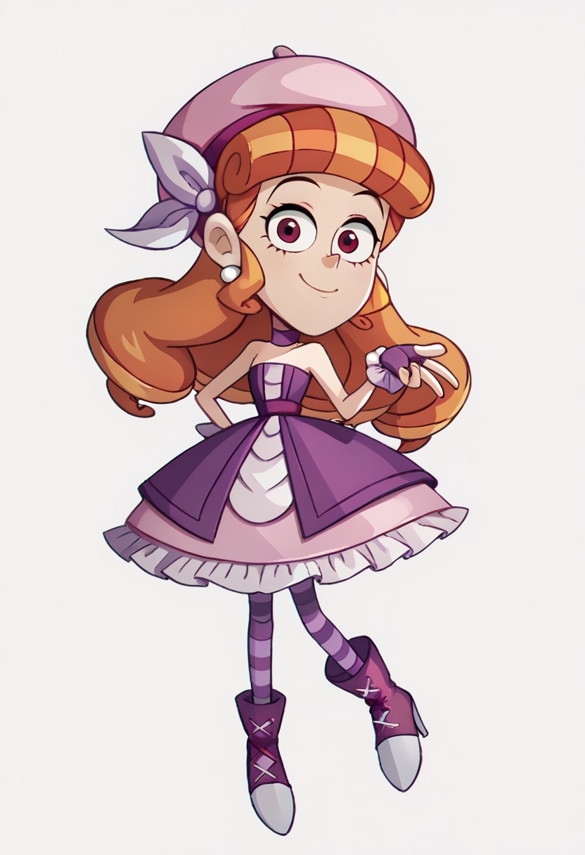 score_9, score_8_up, score_7_up BREAK TeoV, 1girl, orange hair, hair drills, red eyes, white pearl earrings, pink beret, lavender hair bow, purple choker, frilly purple fingerless gloves, open strapless purple fitted bodice jacket, purple belt, pink lavender layered dress, striped purple stockings, high-heeled purple boots, smiling at viewer, full body,