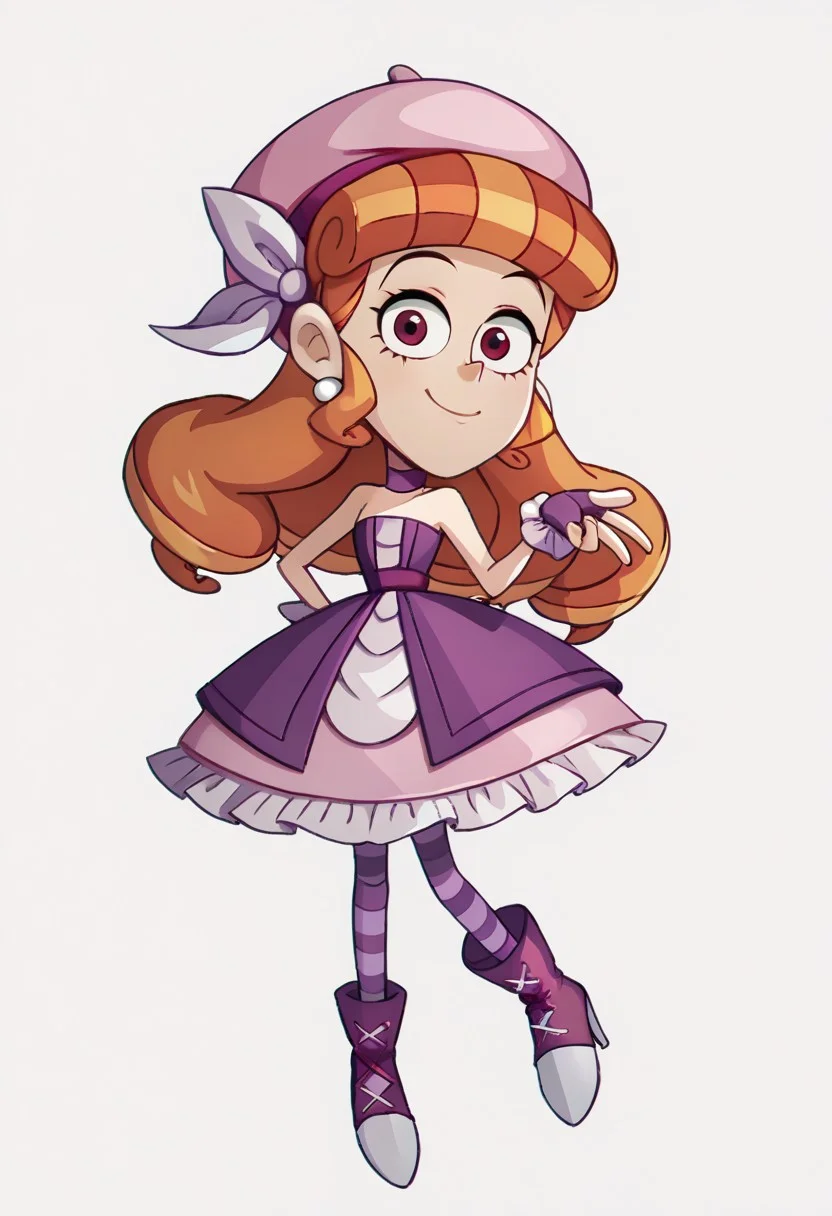 score_9, score_8_up, score_7_up BREAK TeoV, 1girl, orange hair, hair drills, red eyes, white pearl earrings, pink beret, lavender hair bow, purple choker, frilly purple fingerless gloves, open strapless purple fitted bodice jacket, purple belt, pink lavender layered dress, striped purple stockings, high-heeled purple boots, smiling at viewer, full body,