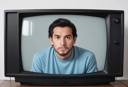 dzktxez, no humans, behind screen, 1boy, male focus, solo, realistic, black hair, facial hair, closed mouth, retro, television, tv, screen, tv program, person behind screen, zPDXL