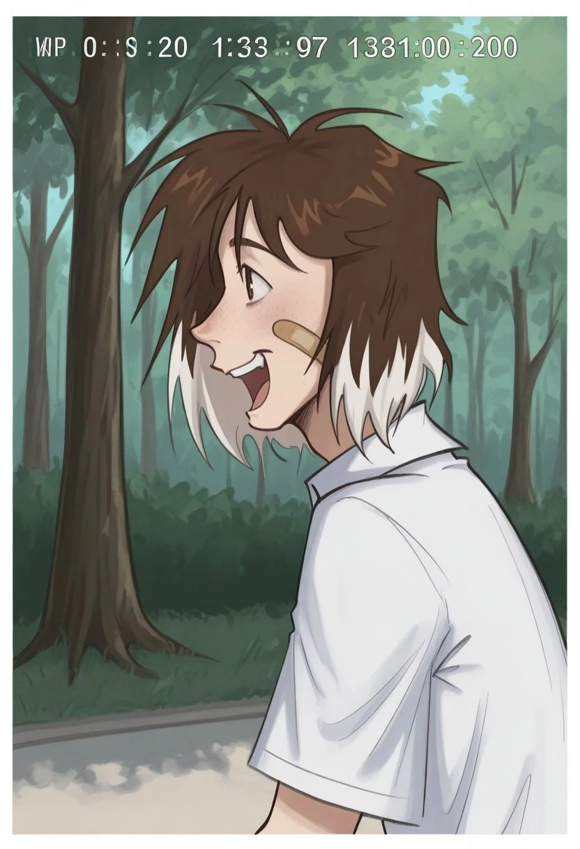 best quality, detailed face, detailed eyes, , ,
by vor sirkov
best quality, detailed face, detailed eyes, , ,
by kp, wwdenslow
1boy, :d, bandaid, bandaid on cheek, bandaid on face, black hair, border, brown eyes, brown hair, collared shirt, day, english text, from side, hair ornament, male focus, multicolored hair, open mouth, outdoors, shirt, short hair, short sleeves, smile, solo, teeth, timestamp, tree, two-tone hair, upper body, white border, white hair, white shirt