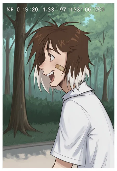 best quality, detailed face, detailed eyes, , ,
by vor sirkov
best quality, detailed face, detailed eyes, , ,
by kp, wwdenslow
1boy, :d, bandaid, bandaid on cheek, bandaid on face, black hair, border, brown eyes, brown hair, collared shirt, day, english text, from side, hair ornament, male focus, multicolored hair, open mouth, outdoors, shirt, short hair, short sleeves, smile, solo, teeth, timestamp, tree, two-tone hair, upper body, white border, white hair, white shirt