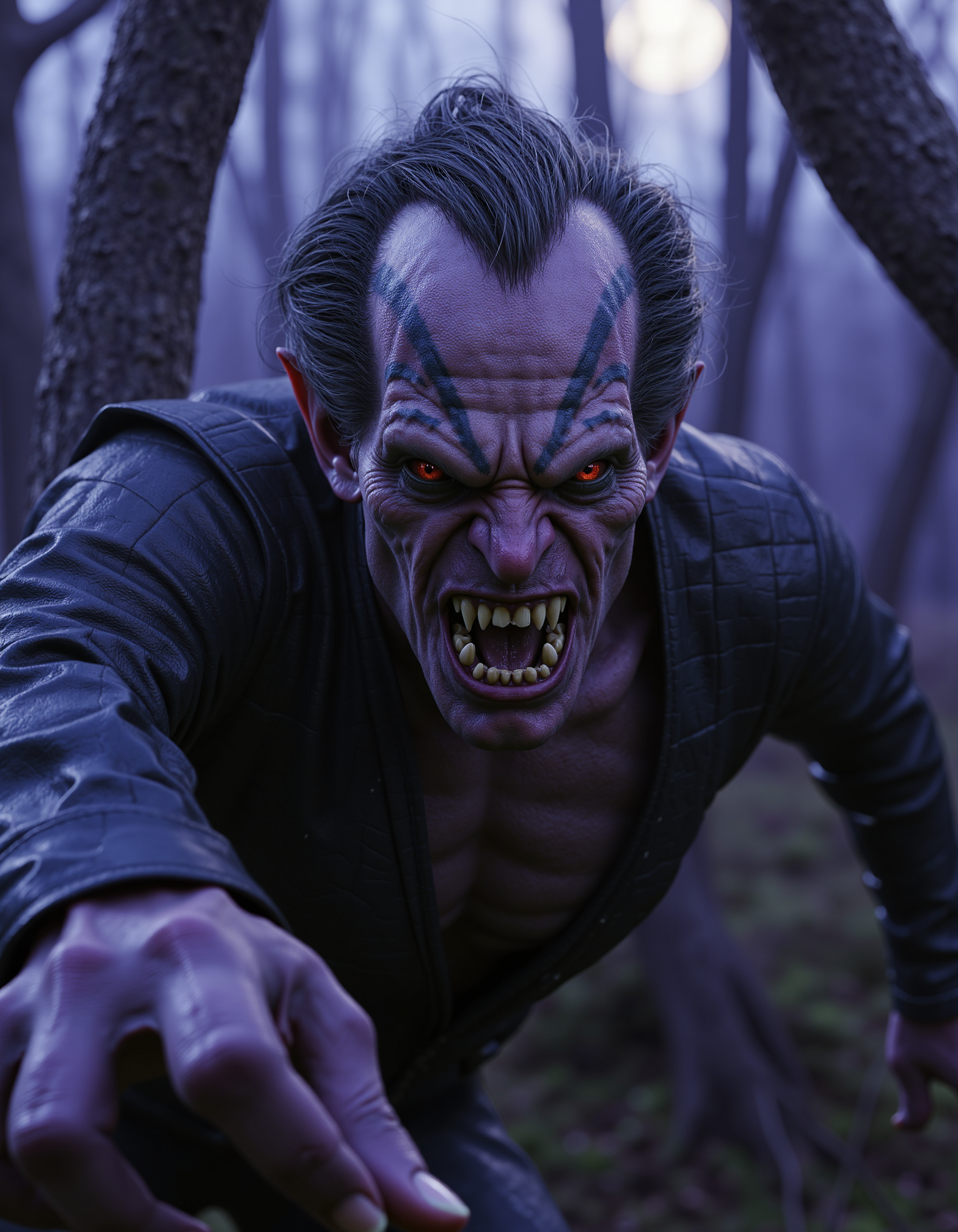 zavy-vmpr, Extreme close-up from a low angle, a wild-eyed feral vampire with tattered black leather skin and elongated fangs, snarling as he lunges forward, surrounded by dark, twisted trees in a moonlit, misty forest, captured in a gritty cinematic style with high contrast and sharp details, featuring a palette of deep purples, electric greens, and shadows of indigo.
