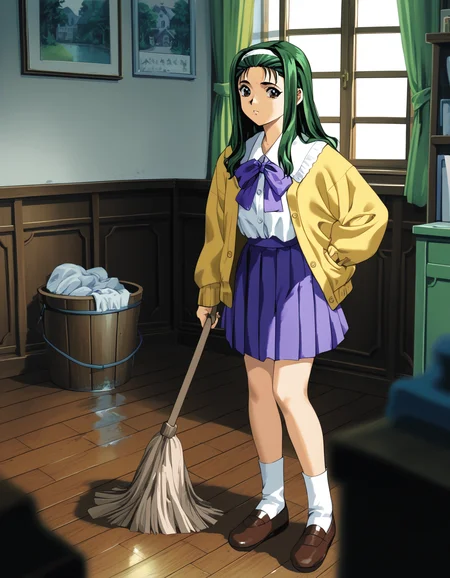 score_9,  score_8_up, score_7_up, <lora:shuusaku-v2-ponyxl-000016:0.9> nagisa, hairband, cardigan, yellow cardigan, white shirt, purple ribbon, purple skirt, microskirt
1girl, solo, bucket of water, mop, floor, window, curtains, close-up