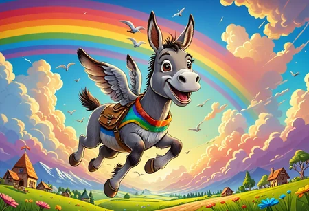 a happy flying donkey in a rainbow sky, funny cartoon, bright environment, highly detailed, masterpiece