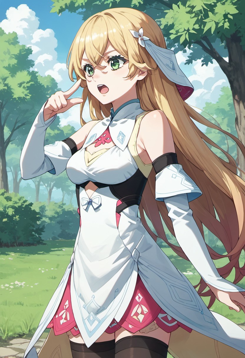 score_9, score_8_up, score_7_up, source_anime,rinne, long hair, blonde hair, green eyes, 1girl, solo, pointing, detached sleeves, open mouth, tree, thighhighs, dress