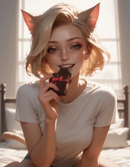 score_9, score_8_up, score_7_up, score_6_up, score_5_up, score_4_up, catgirl, holding chocolate in front of her mouth, daytime, sunny, bedroom, alone, solo, woman in her 20s, happy, smile, beautiful face, short hair, blonde hair, freckles, white t-shirt