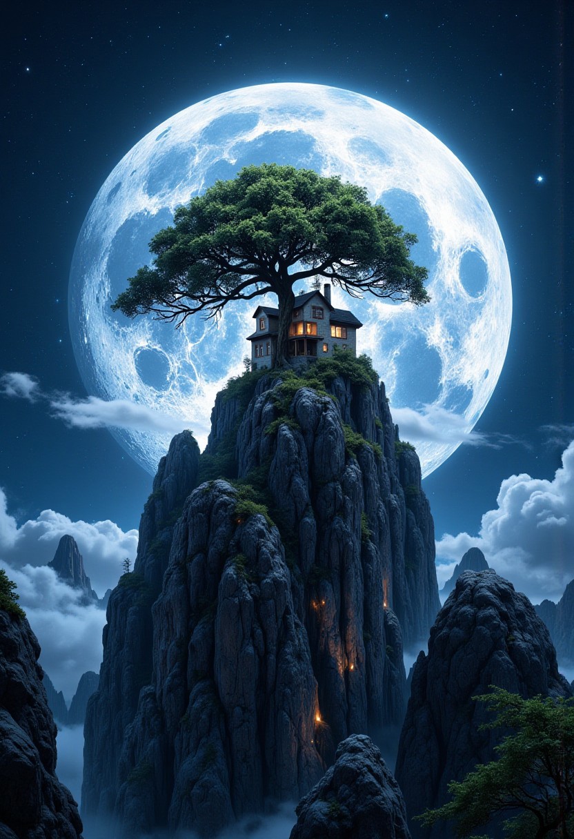 There is a house on a huge moon, a tree grows, mountains