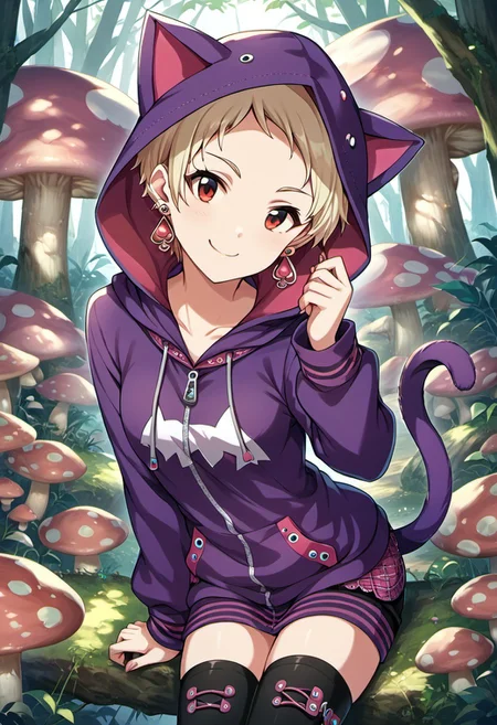 score_9, score_8_up, score_7_up, source_anime, senzaki ema, short hair, blonde hair, red eyes, 1girl, jewelry, hood, earrings, cat hood, mushroom, tail, thighhighs, solo, hoodie, animal hood, smile
