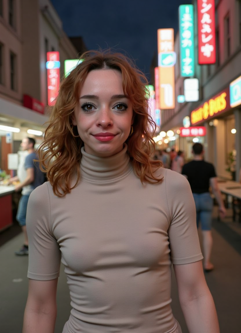 SFW, brightly lit, aidmaimageupgrader,  A young woman walks confidently through a bustling city street at night, wearing a turtleneck dress. Her relaxed and effortless style blends seamlessly with the vibrant energy of the scene, yet subtly stands out amidst the crowd in contemporary attire. The street is alive with activityâvendors showcasing their goods, colorful signs illuminating the surroundings, and a mix of historic and modern buildings adding depth to the backdrop. Sunlight filters through the gaps between buildings, casting a warm glow that highlights her calm and composed demeanor amidst the urban vibrancy.<lora:pony\Letha_Weapons_Pony_-_Adult_Actress_and_Model.safetensors:1.0:1.0> <lora:flux\custom\personal\emmy-speens.safetensors:1.0:1.0> <lora:turbo-8-step-flux.safetensors:0.5:0.5> <lora:flux\style\Common\aidmaImageUprader-FLUX-v0.3.safetensors:0.25:0.25>