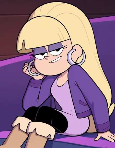 looking at viewer, solo, smug, sitting,  <lora:Pacifica_Northwest_Gravity_Falls_Pony:1> , pacificagf, long hair, blonde hair, blunt bangs, eyelashes, black eyes, purple eyeshadow, hoop earrings, lavender short dress, purple jacket, black leggings, boots
