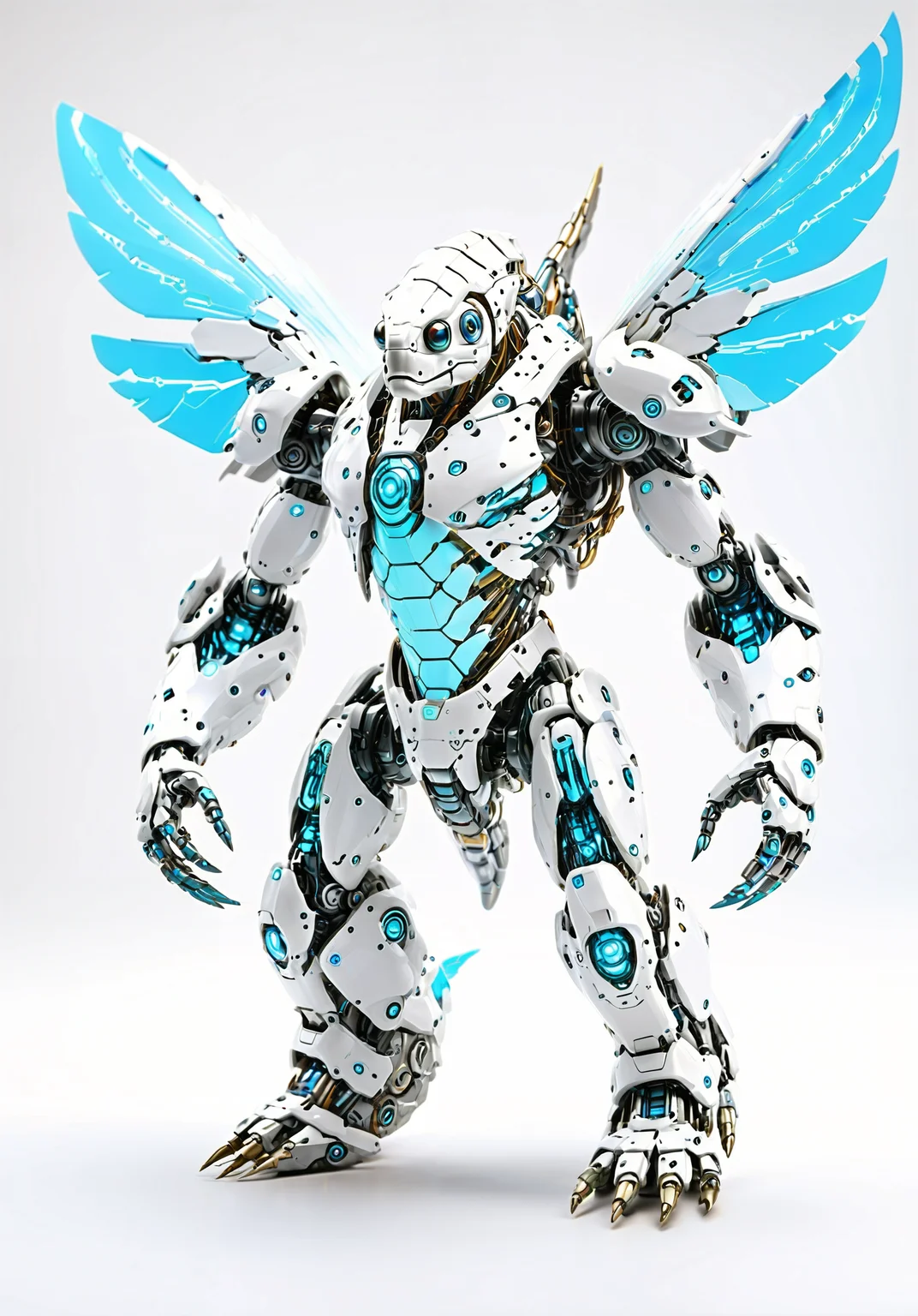 Jed-Rbmls, Epic Battle Titan, (Bird Style), radiant core reactor, platinum alloy armor, etched with glowing runes, expansive retractable wings, sleek aerodynamic design, adaptive energy shielding, multi-faceted optical sensors, panoramic vision, integrated targeting overlays, twin thruster engines, azure energy wake, advanced hydraulic limbs, dynamic articulated joints, modular hands, interchangeable tools and weaponry, illuminated circuit pathways, shifting colors, force field generator, comprehensive defensive capabilities, adaptive chameleon skin, real-time camouflage, high-efficiency anti-gravity propulsion, agile movement, energy-infused blade arms, retractable with a cutting edge, <lora:Robomals:1>,