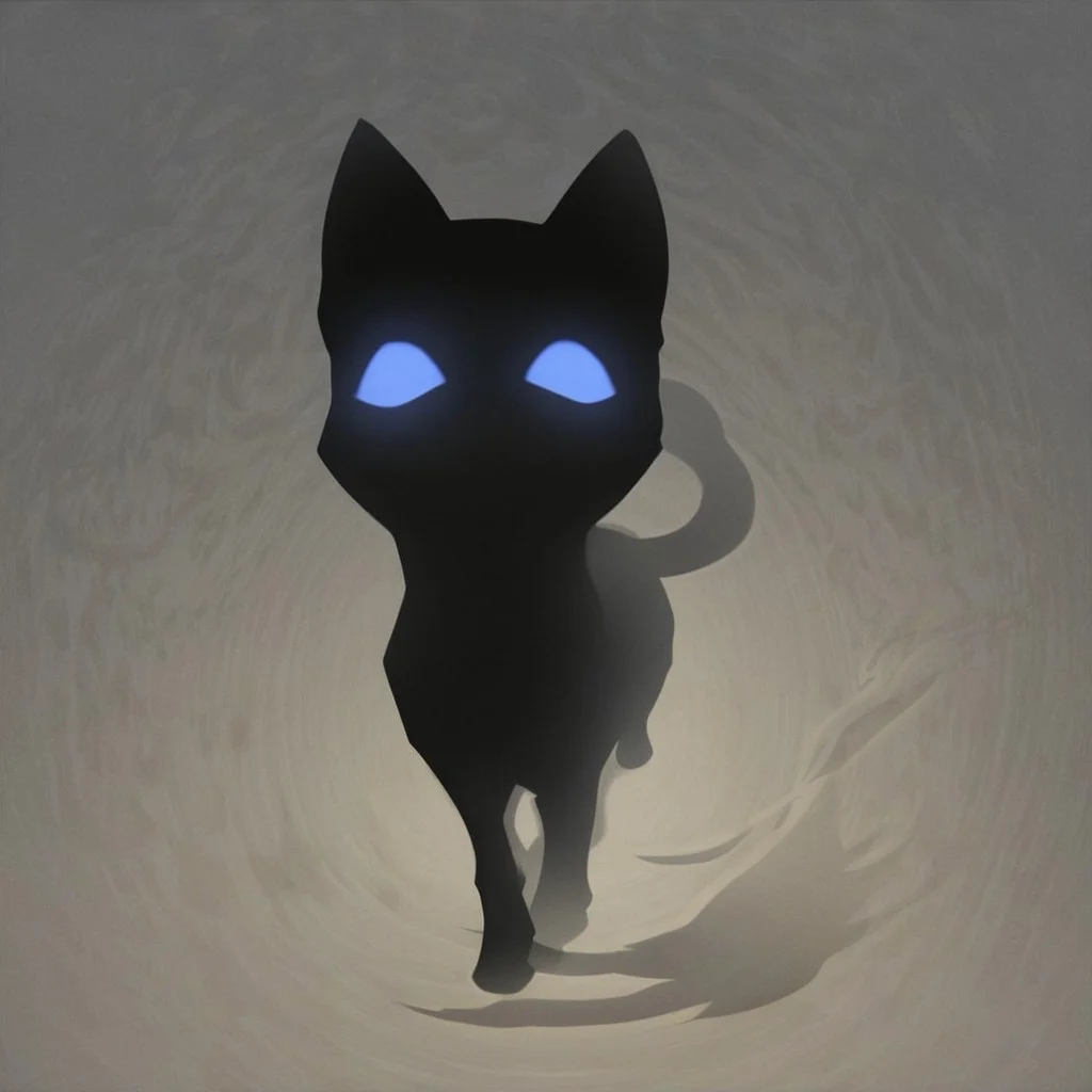 shadow_cat, black cat, silhouette, shadow energy, blue sclera, no pupils, looking at viewer, meowing, open mouth, standing, solo, from above, simple background