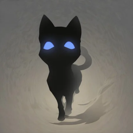 shadow_cat, black cat, silhouette, shadow energy, blue sclera, no pupils, looking at viewer, meowing, open mouth, standing, solo, from above, simple background