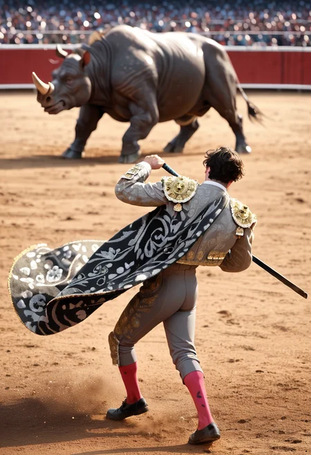 score_9, score_8_up, score_7_up, tr4j3, 1boy, from above,( twirling cape:1.3), capote, holding espada, [sword|espada],  jacket, pants, gray fabric, gold stitching, gems, flower design, ass, fighting rhinoceros,  spectators, blurry background<lora:traje_PNY_v2_r1:1>