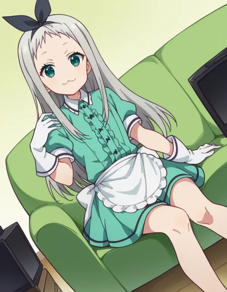 score_9, score_8_up, score_7_up, source_anime, <lora:hideri-kanzaki-s1-ponyxl-lora-nochekaiser:1>, hideri kanzaki, long hair, bow, green eyes, hair bow, grey hair, male focus, hairband, black hairband, otoko no ko, forehead,, gloves, dress, short sleeves, frills, puffy sleeves, white gloves, apron, puffy short sleeves, waist apron, white apron, frilled apron, waitress,, living room, television, couch, popcorn, watching movie, night time, sitting,, smile, looking at viewer, foot forward, hand on shoulder, elbow out, solo,, cowboy shot, dutch angle