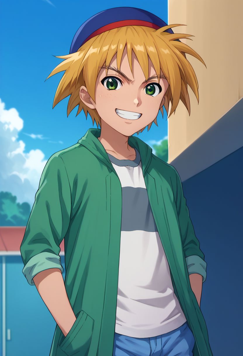 score_9, score_8_up, score_7_up, source_anime, highly detailed, 
kaito, 1boy, solo, hands in pockets, green eyes, smile, blonde hair, pants, hat, short hair, jeans, grin, shirt, denim, green coat, upper body, rolled up pants,
outdoor, sky, clouds,