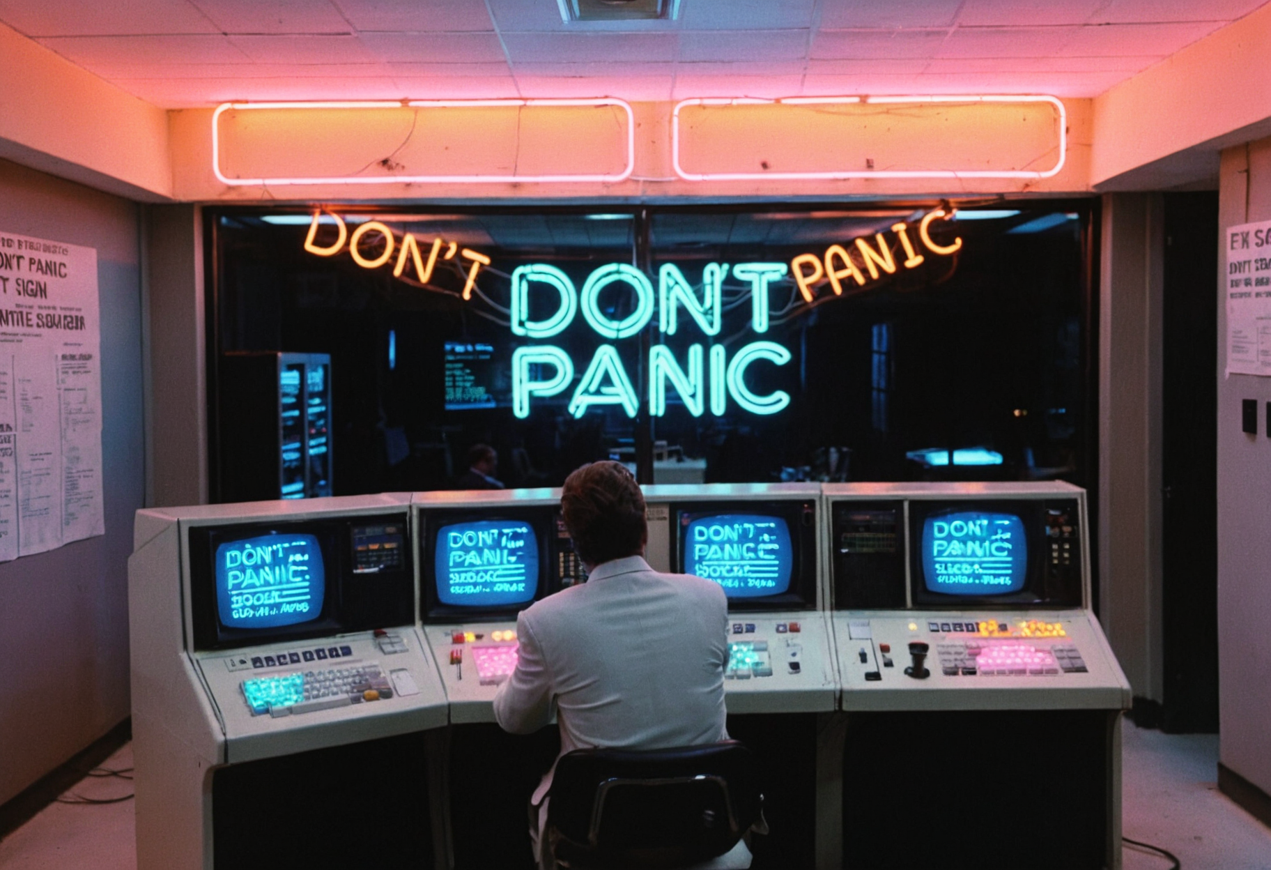 (bright big ControlRoom MiamiVice, grainy 35mm photo, people), consoles, screens, lights, neon lights, people, highly detailed, 4K, (((glowing neon sign "DONT PANIC")))