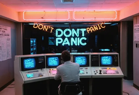 (bright big ControlRoom MiamiVice, grainy 35mm photo, people), consoles, screens, lights, neon lights, people, highly detailed, 4K, (((glowing neon sign "DONT PANIC")))