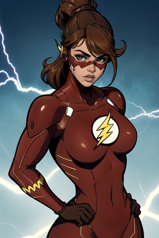 masterpiece,best quality,extreme detail,8k,image sharpness,<lora:flash-20:0.6>,flashwoman,1girl,solo,breasts,looking at viewer,brown hair,gloves,lips,bodysuit,mask,animification,upper body,standing pose,(curvy),electricity,