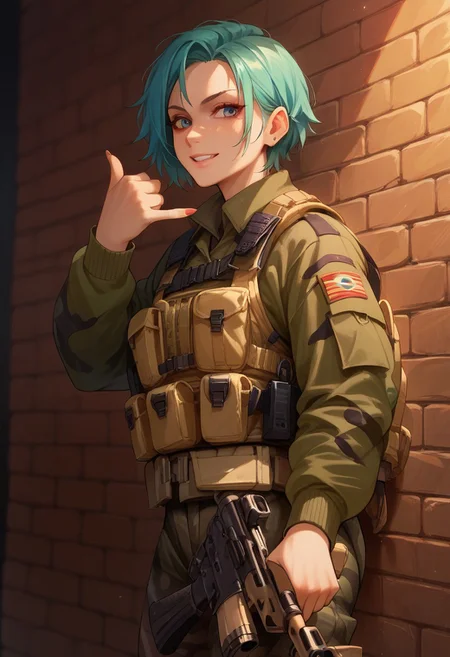 score_9, score_8_up, score_7_up, score_6_up, score_5_up, colourful, 8k, 1girl, solo, shaka, gesture, hand sign, brick wall, military clothes, camouflage, tactical gear, weapon,