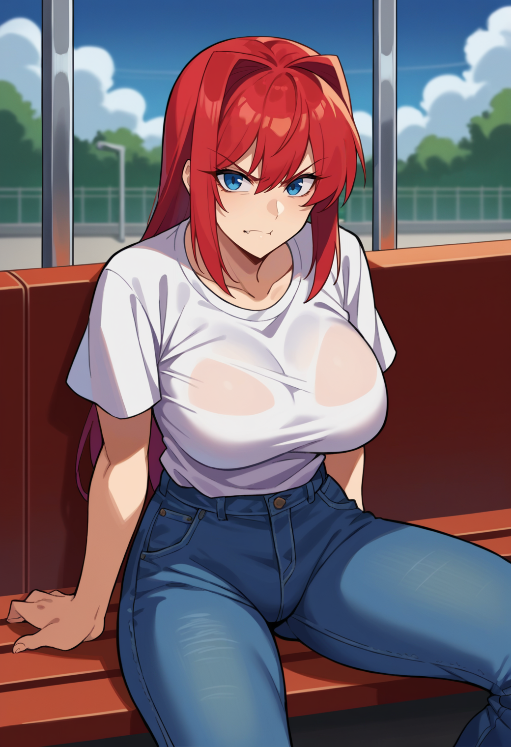 score_9, score_8_up, source_anime  BREAK solo, 1girl, looking at viewer, cowboy shot, 
<lora:AozakiPdxlDwnsty-000008:1>, aozakired, blue eyes, red hair, hair intakes, white shirt, t-shirt, jeans, denim, blue pants, short sleeves, 
curvy, large breasts, evil smile, bored, angry, arm support, 
train station, sitting, on bench, spread legs,