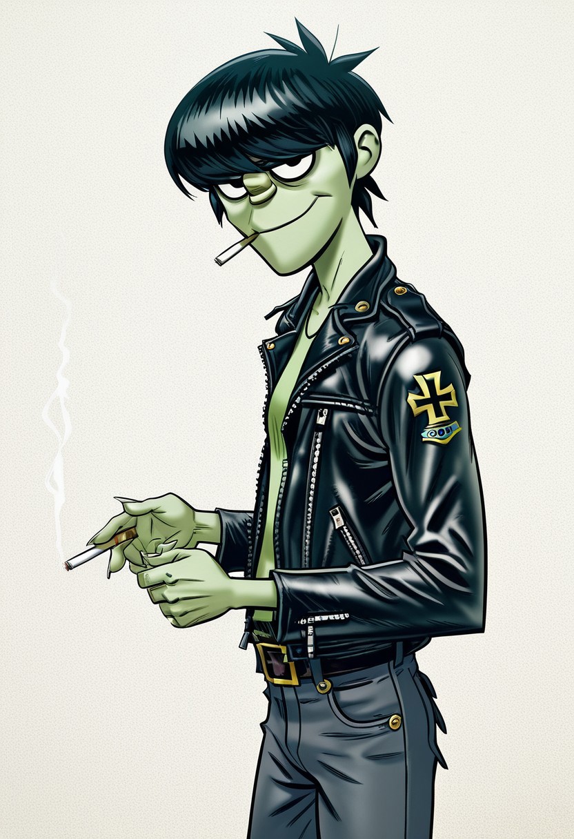 source_cartoon, hd, core_9, score_8_up, score_7_up, score_6_up, score_5_up, score_4_up, detailed background, looks at the viewer, 1boy, Murdoc Niccals, solo, male, black jumper, skinny, long fingernails, George Harrison hairstyle, hooked nose, black jeans, skinny build, green polo, black leather jacket, cross tattoo on right shoulder, cigarette