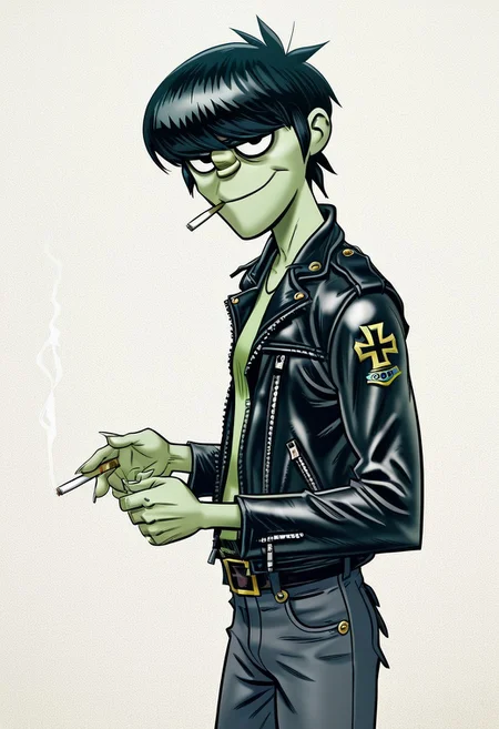 source_cartoon, hd, core_9, score_8_up, score_7_up, score_6_up, score_5_up, score_4_up, detailed background, looks at the viewer, 1boy, Murdoc Niccals, solo, male, black jumper, skinny, long fingernails, George Harrison hairstyle, hooked nose, black jeans, skinny build, green polo, black leather jacket, cross tattoo on right shoulder, cigarette