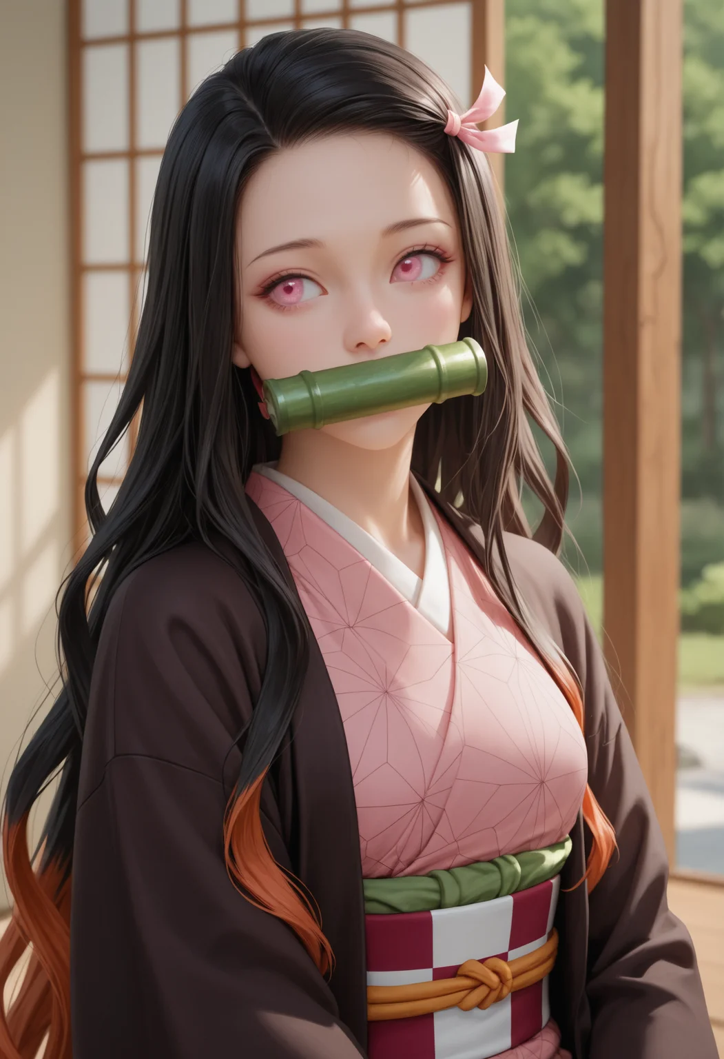 masterpiece, best quality, realistic,
1girl, solo, depth of field, scenery,
kamado_nezuko, kimetsu_no_yaiba, 1girl, black_hair, pink_eyes