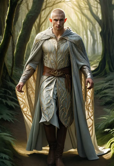 <lora:gavin_croghan_sdxl-000010:0.8> muscular gavinperson as a graceful elven warrior, wearing a silver embroidered tunic and leaf-patterned cloak, standing on a mossy forest path, long light filtering through the canopy, ethereal glow, photorealistic fantasy portrait, painterly fine art style, soft magical ambiance, extremely high quality image, HDR, fantasy, photo Centered in Perfect Composition, Complex Details Showing Unique and Enchanting Elements, Very Detailed Digital Painting, Golden Ratio, Dramatic Lighting, Very Realistic