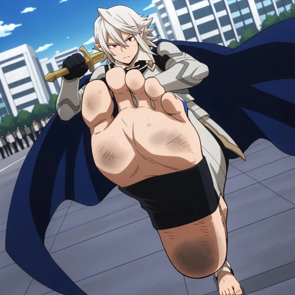 masterpiece, best quality, official style, anime screencap, anime coloring, BREAK 1male, adult, male focus, grown up, barefoot, (feet:1.5), BREAK mc0rrin, white hair, hair between eyes, pointy ears, red eyes, blue cape, armor, black gloves, (toeless legwear:1.5), (armoured legwear:1.5), (stirrup legwear:1.5), shin armor, metal stirrups, foot focus, 5toes, toenails, outdoors, city street, dirty,dirty_feet, feet, soles, view from above, sideview, sword on hand, close up shot, flying kick, kick towards viewer, dynamic pose, dynamic action, dynamic angle, crowd