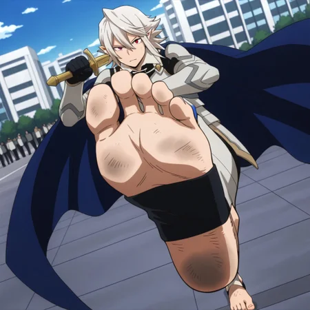 masterpiece, best quality, official style, anime screencap, anime coloring, BREAK 1male, adult, male focus, grown up, barefoot, (feet:1.5), BREAK mc0rrin, white hair, hair between eyes, pointy ears, red eyes, blue cape, armor, black gloves, (toeless legwear:1.5), (armoured legwear:1.5), (stirrup legwear:1.5), shin armor, metal stirrups, foot focus, 5toes, toenails, outdoors, city street, dirty,dirty_feet, feet, soles, view from above, sideview, sword on hand, close up shot, flying kick, kick towards viewer, dynamic pose, dynamic action, dynamic angle, crowd
