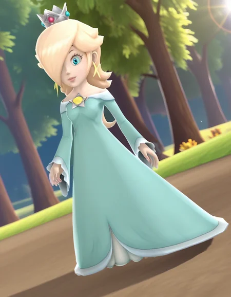 score_9, score_8_up, score_7_up, source_anime, <lora:rosalina-super-mario-galaxy-ingame-ponyxl-lora-nochekaiser:1>, rosalina, blonde hair, blue eyes, hair over one eye, long hair, 3d, blue dress, crown, dress, earrings, jewelry, princess, robe, star earrings,, bike ride, countryside, dirt road, trees, afternoon sun, peaceful, alone, smile, , foot forward, hand on shoulder, elbow out, solo,, cowboy shot, dutch angle