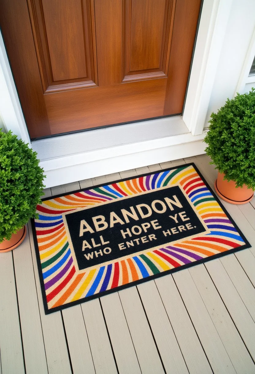 This Photograph of a colorful welcome mat placed in front of a front door. The mat features a vibrant, colorful design with the phrase "Abandon all hope ye who enter here" in bold, white, all caps letters.