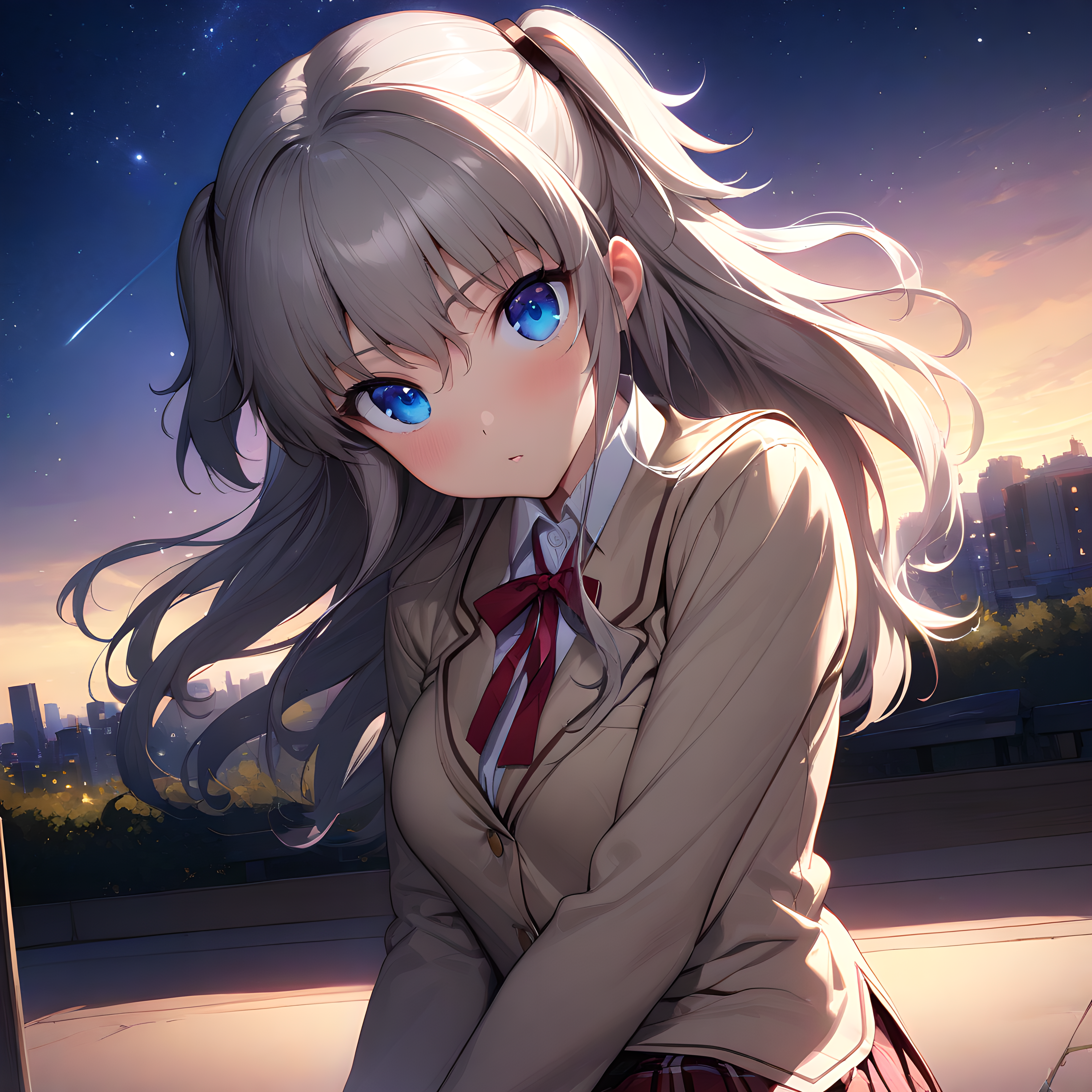 (masterpiece),(best quality),(ultra-detailed),(best illustration),(best shadow),(absurdres),(detailed background),(very aesthetic), nao_tomori, 1girl, solo, long hair, school uniform, blue eyes, skirt, sky, two side up, looking at viewer, starry sky, star (sky),  <lora:XL-NaoTomori:1>