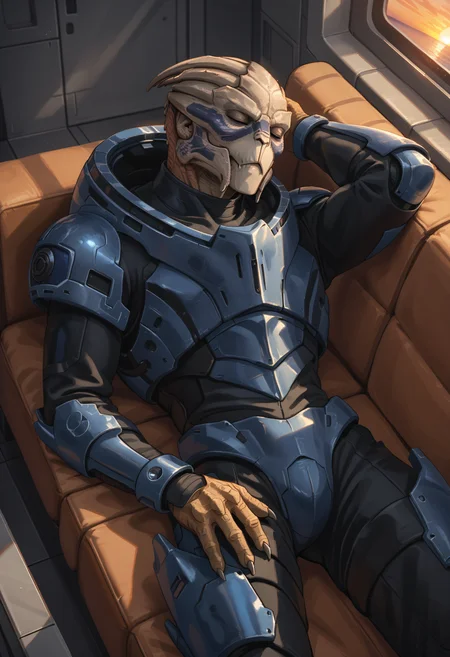 score_9, score_8_up, score_7_up, score_6_up, score_5_up, score_4_up, BREAK garruspdxl, power armor, bodysuit, 1boy, solo, male focus, indoors, spaceship interior, closed mouth, sleeping, couch, from above, sunset, tired, cozy, alien, 3 fingers, <lora:Garrus_Vakarian:0.7>