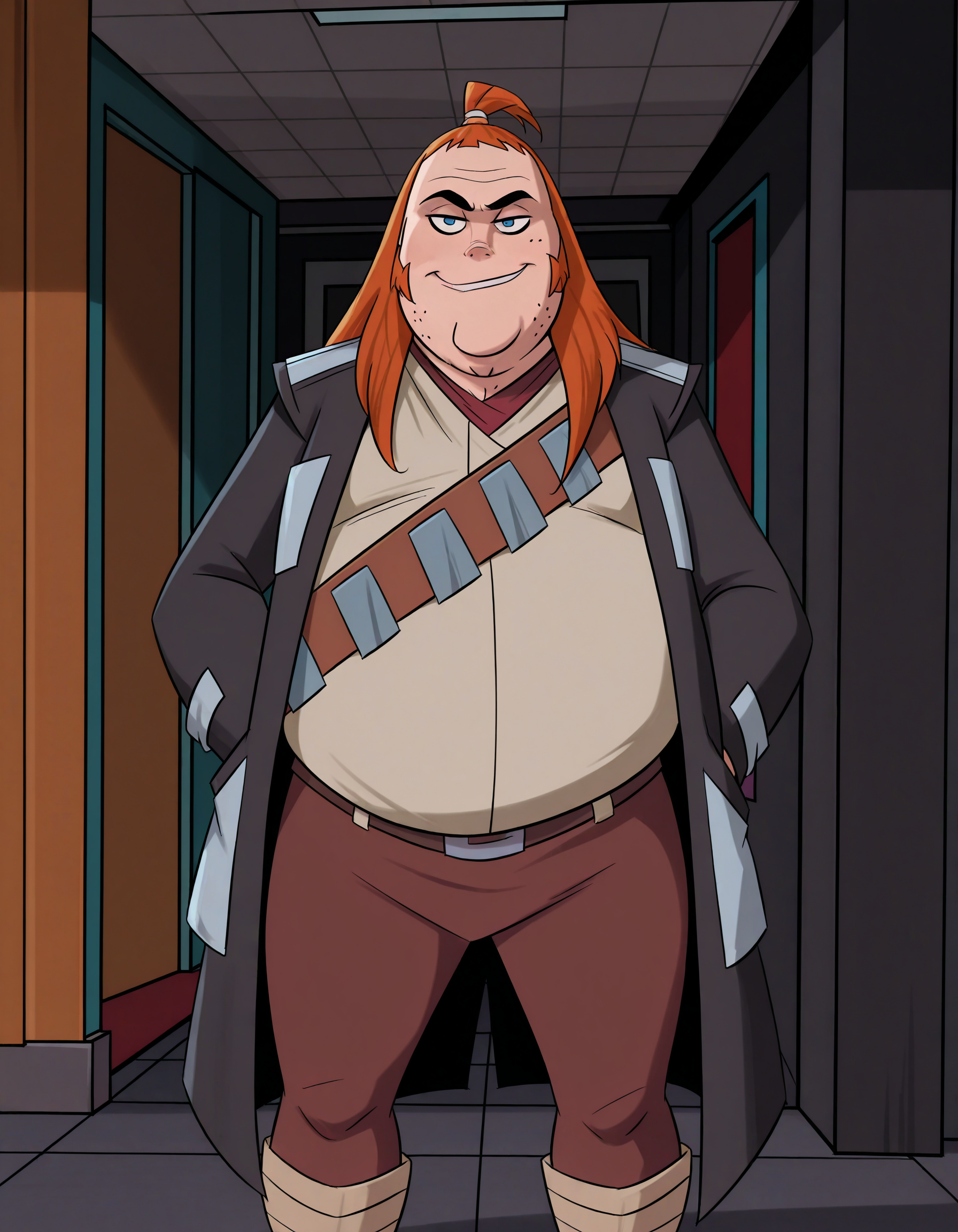 man, standing, looking at viewer, smirk, 
best quality, highres, score_9, score_8_up, score_7_up, score_6_up,  <lora:JMoxComix_style-12:1> JmoxComic,,
<lora:Control_Freak_-_Teen_Titans:1> controlfreak_tt, 1boy, fat man, orange hair, long hair, sideburns, topknot, blue eyes, double chin, beige shirt, trench coat, bandolier, belt, brown pants, beige boots, teen_titans