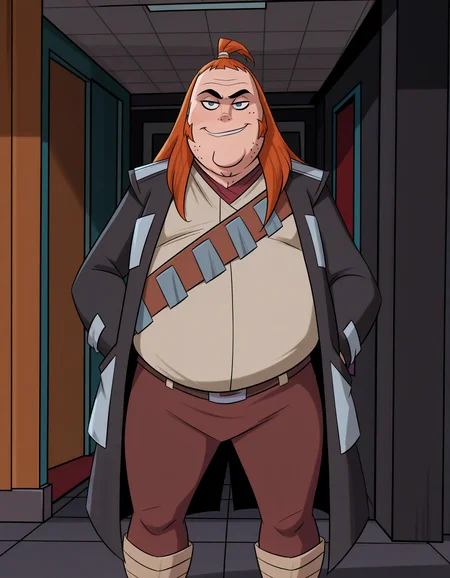 man, standing, looking at viewer, smirk, 
best quality, highres, score_9, score_8_up, score_7_up, score_6_up,  <lora:JMoxComix_style-12:1> JmoxComic,,
<lora:Control_Freak_-_Teen_Titans:1> controlfreak_tt, 1boy, fat man, orange hair, long hair, sideburns, topknot, blue eyes, double chin, beige shirt, trench coat, bandolier, belt, brown pants, beige boots, teen_titans