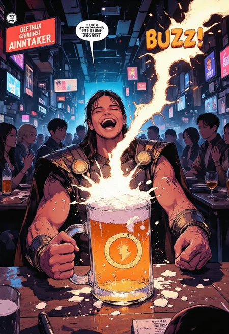 A dynamic, high-energy comic-book style splash page depicting Thor, the God of Thunder, in a lively and humorous scene. Thor is sitting at a table in a bustling, futuristic space cantina, surrounded by alien patrons and glowing neon lights. With a wide grin and a boisterous laugh, he smashes a large, frothy mug of alien ale onto the ground, shouting, "I LIKE THIS DRINK! ANOTHER!" The mug has a lightning bolt symbol on it. The mug shatters into pieces, and a lightning bolt shape erupts from the impact, crackling with energy and spelling out the word "BUZZ".
Thor's muscular frame is clad in his classic battle-worn armor. His magical hammer Mjolnir rests casually on the table. The cantina is filled with quirky alien characters, some cheering, others ducking for cover from the flying shards of the mug.
The art style is inspired by classic Marvel comics, with bold linework, vibrant colors, and dynamic shading. The overall tone is epic, humorous, and action-packed.
DB4RZ, DB4RZ style painting, aidmafluxproultra, in the style of cksc, anime, cyberpunk