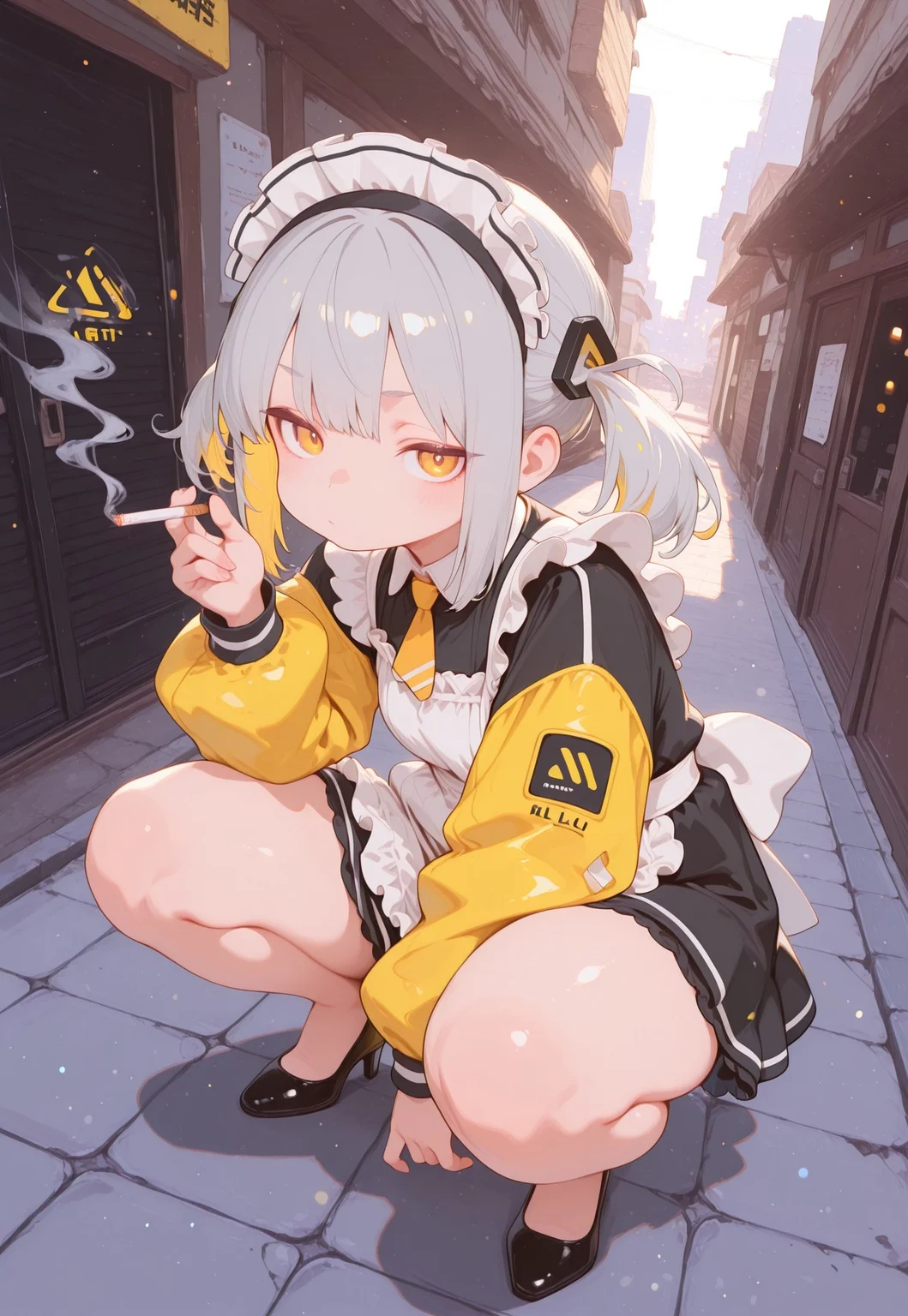 masterpiece, best quality,
1girl, solo, mature woman,
grey hair, long twintails, hair ornament, thick thighs, colored inner hair, flat chest,chubby, ((chubby thick legs)), no socks,
smoking cigarette,
slav_squatting, squatting,
dynamic view, sun rays, colorful, yellow adidas hazard jacket, maid apron,
black victorian long maid dress, pumps,
looking at viewer, focus on face, dutch angle, from above,
city alley, (fisheye lens), depth of field, bokeh, bloom, action shot, backlighting,
S4bit4mago_illu, detailed, h4ra_illu, momosp,