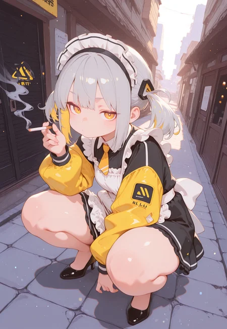 masterpiece, best quality,
1girl, solo, mature woman,
grey hair, long twintails, hair ornament, thick thighs, colored inner hair, flat chest,chubby, ((chubby thick legs)), no socks,
smoking cigarette,
slav_squatting, squatting,
dynamic view, sun rays, colorful, yellow adidas hazard jacket, maid apron,
black victorian long maid dress, pumps,
looking at viewer, focus on face, dutch angle, from above,
city alley, (fisheye lens), depth of field, bokeh, bloom, action shot, backlighting,
S4bit4mago_illu, detailed, h4ra_illu, momosp,