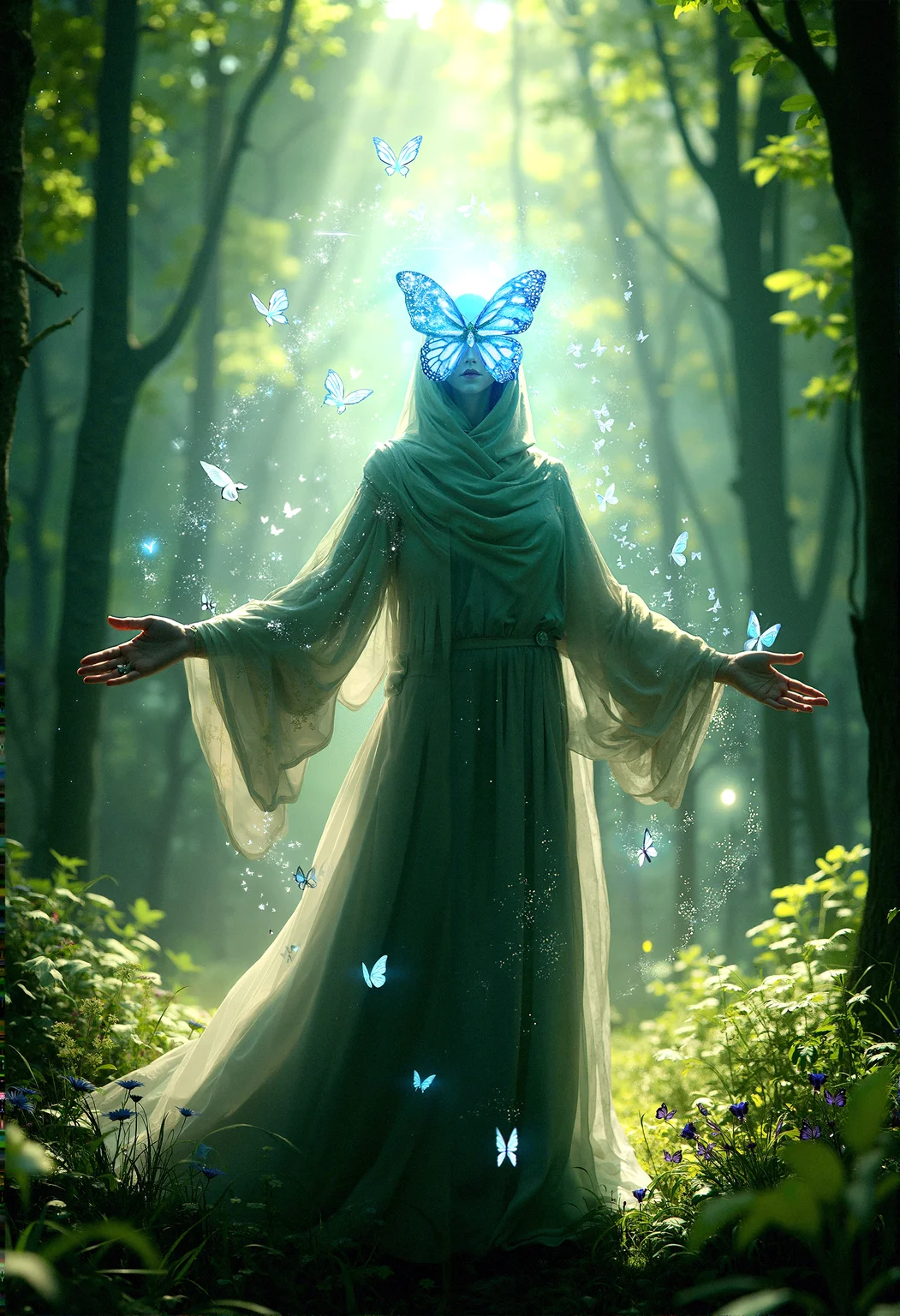 Photorealistic image of a figure with a luminous butterfly mask, draped in a cloak that merges with the forest around it. The scene is set in a sunlit glade, with ethereal butterflies casting delicate light patterns on the figure and the surrounding greenery.

The figure standing with both arms outstretched, as if embracing the forest around them, with butterflies encircling their body in a glowing, ethereal spiral of light. 

cinematic lighting, extremely intricate detail character, accurate depiction of character, correct body anatomy, correct hands and fingers, extremely intricate skin and facial texture detail, design,lifelike potrayal, extrememly realistic lighting, extreme dynamic pose, sfw, fully clothes, sharp background detail,










