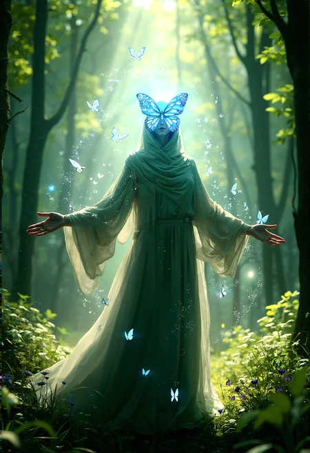 Photorealistic image of a figure with a luminous butterfly mask, draped in a cloak that merges with the forest around it. The scene is set in a sunlit glade, with ethereal butterflies casting delicate light patterns on the figure and the surrounding greenery.
The figure standing with both arms outstretched, as if embracing the forest around them, with butterflies encircling their body in a glowing, ethereal spiral of light.
cinematic lighting, extremely intricate detail character, accurate depiction of character, correct body anatomy, correct hands and fingers, extremely intricate skin and facial texture detail, design,lifelike potrayal, extrememly realistic lighting, extreme dynamic pose, sfw, fully clothes, sharp background detail,