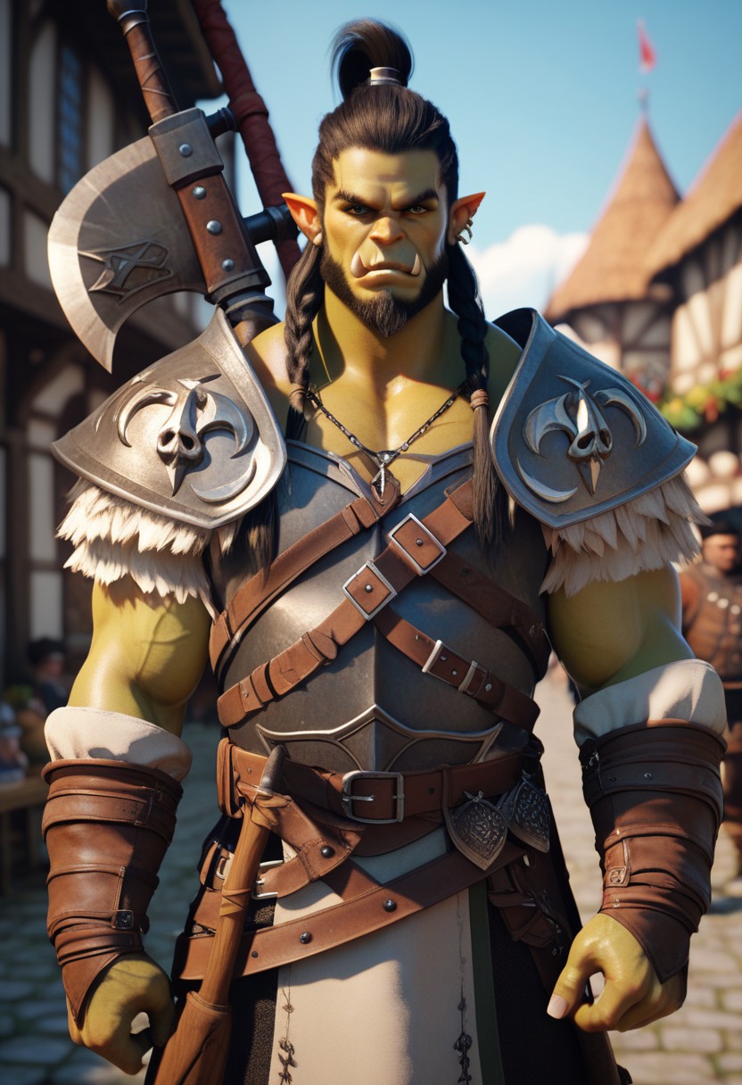 score_9, score_8_up, score_7_up, 2d, anime, orc warrior posing with a huge axe, medieval market, looking at viewer