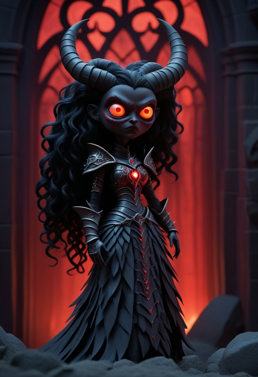 novuschroma51 style claymation,
a archdemon lilith in beautiful but horrific black full plate armor in a satanic cathedral bathed in demonic glow at night, red translucent skin, full body armor, glowing red eyes, extremely long curly black hair with red glowing streaks