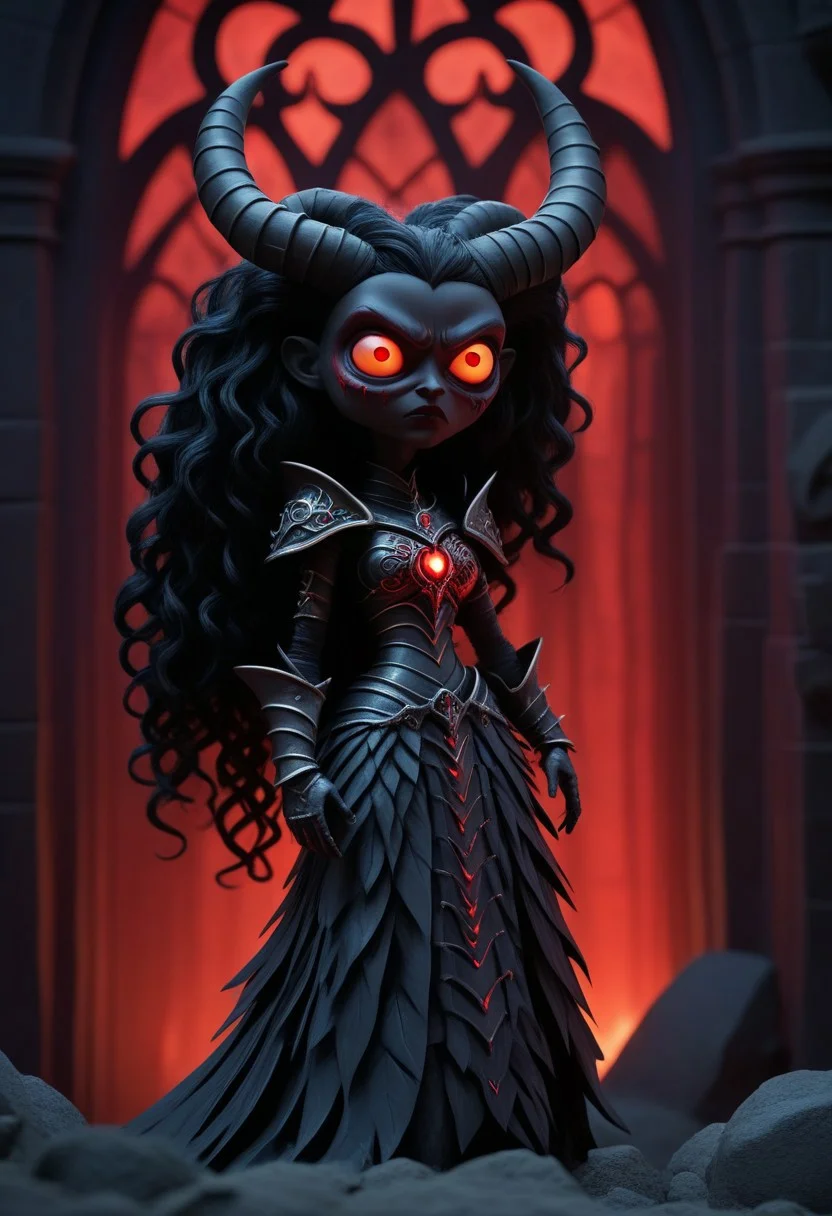 novuschroma51 style claymation,
a archdemon lilith in beautiful but horrific black full plate armor in a satanic cathedral bathed in demonic glow at night, red translucent skin, full body armor, glowing red eyes, extremely long curly black hair with red glowing streaks